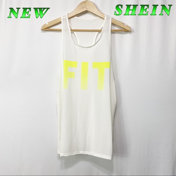 NWT-SHEIN-White RacerBack FIT Yellow tank M - Picture 2 of 8